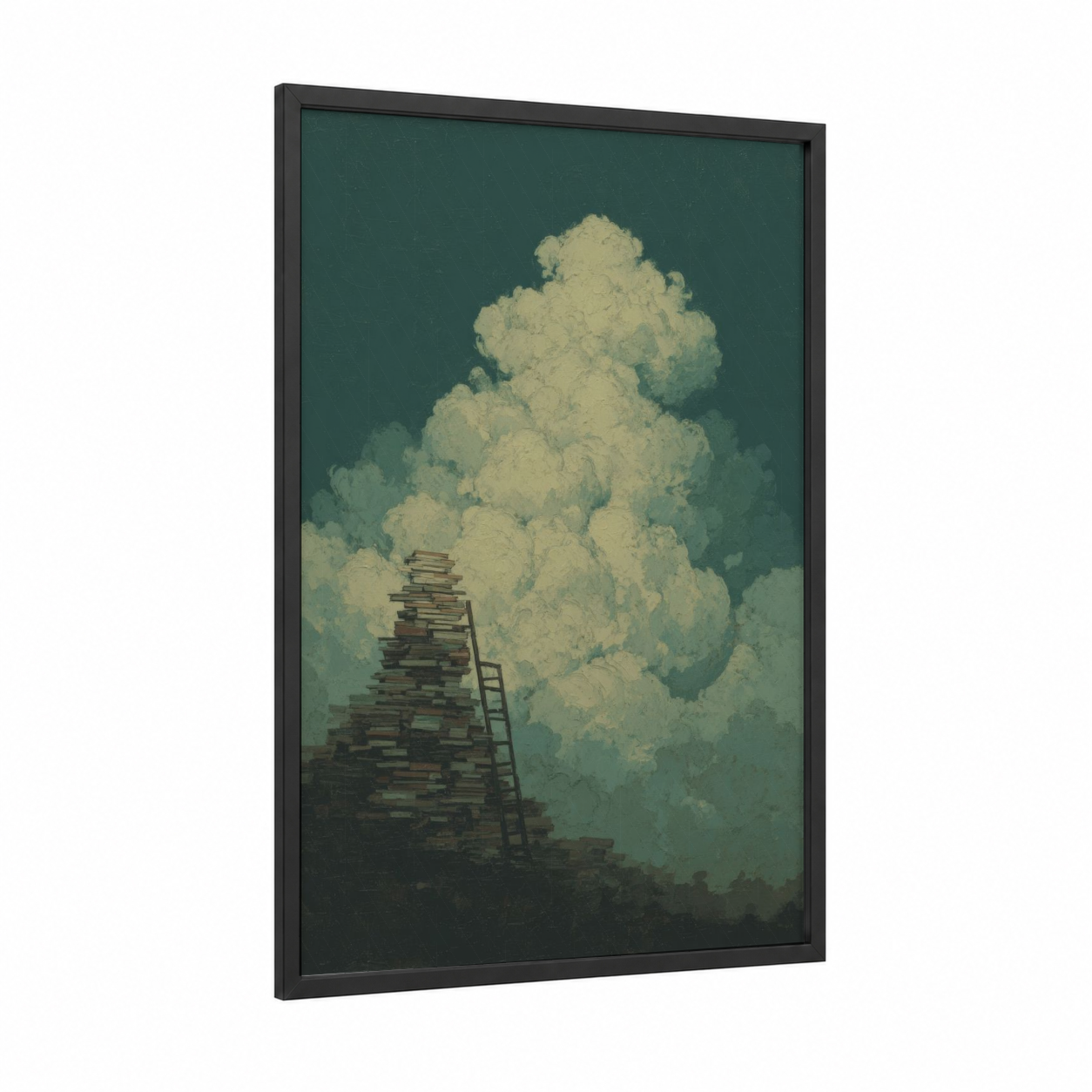 Cloudbound Reader framed reading print — black wood frame — sage green and cream palette