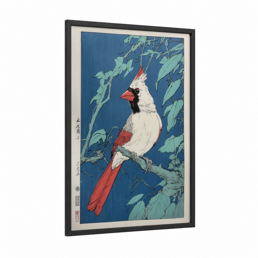 Crimson Cardinal framed art print — black wood frame — blue and red palette