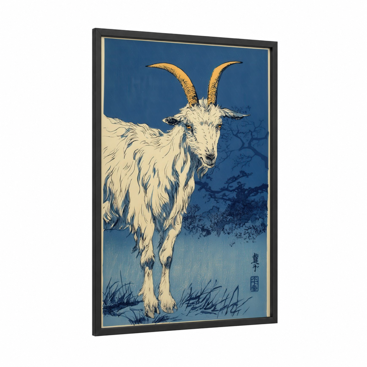 Alpine Goat framed art print — black wood frame — blue and white and gold and white palette