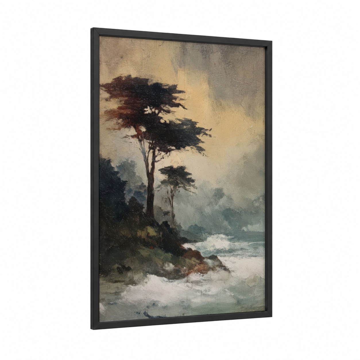 Windswept Cypress framed cypress tree print — black wood frame — dove gray and russet palette
