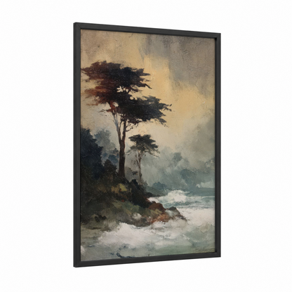 Windswept Cypress framed cypress tree print — black wood frame — dove gray and russet palette