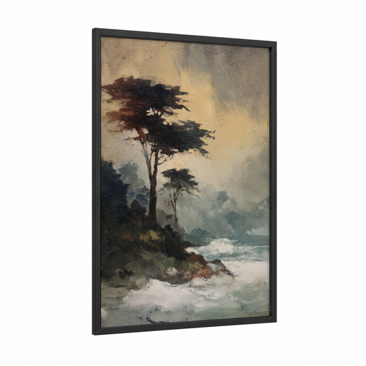 Windswept Cypress framed cypress tree print — black wood frame — dove gray and russet palette