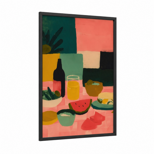 Vibrant Salad Still Life framed art print — black wood frame — teal palette