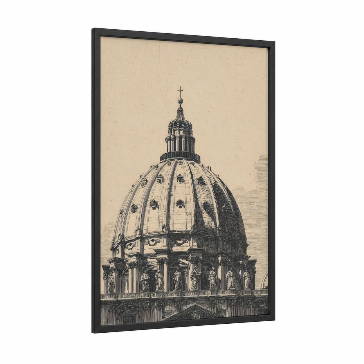 Classical Cathedral Dome framed art print — black wood frame — beige and black palette