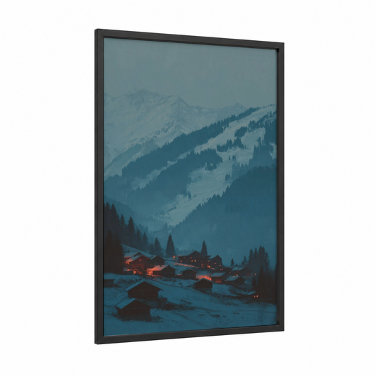 Alpine Village Dusk framed art print — black wood frame — dark blue and gold palette