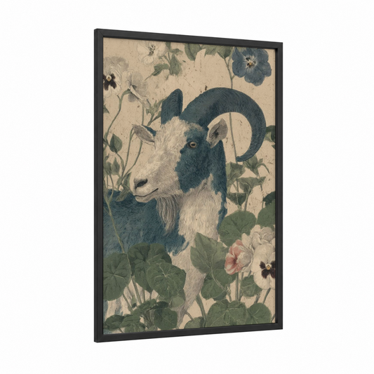 Capricorn Goat framed art print — black wood frame — cream and sage green palette