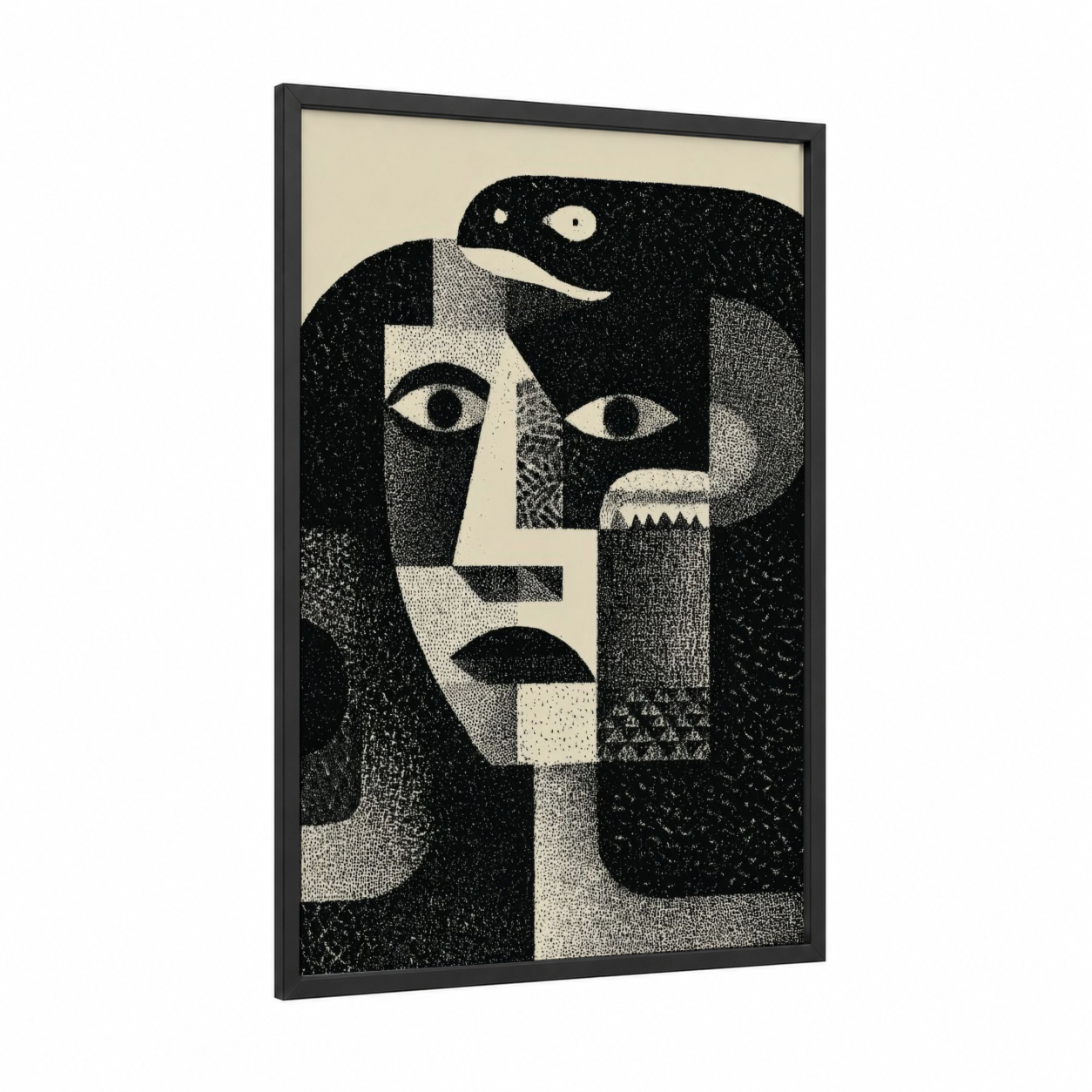 Geometric Medusa framed art print — black wood frame — black and white palette