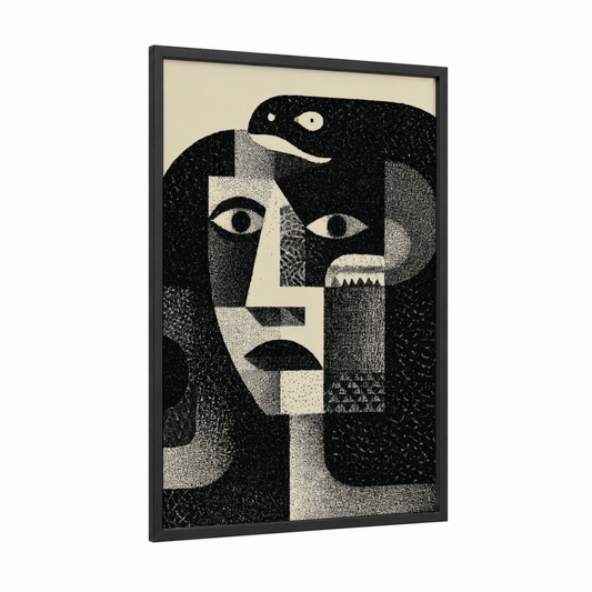 Geometric Medusa framed art print — black wood frame — black and white palette