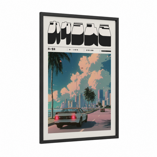 Neon Tokyo Drive framed anime and manga print — black wood frame — blue and peach palette