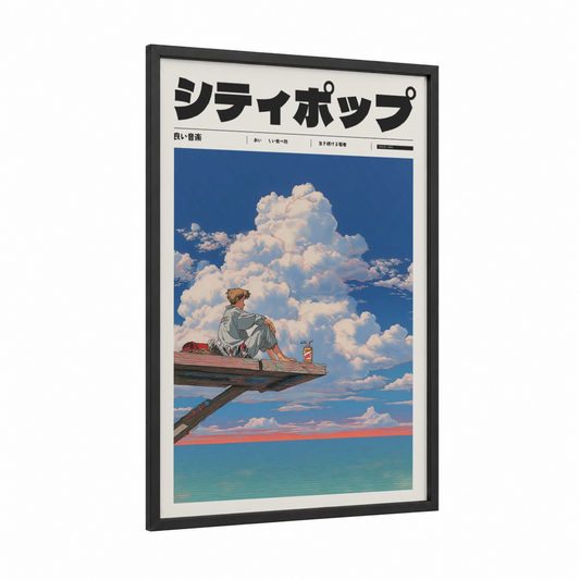 Dreamy Sky Contemplation framed anime and manga print — black wood frame — blue and white palette
