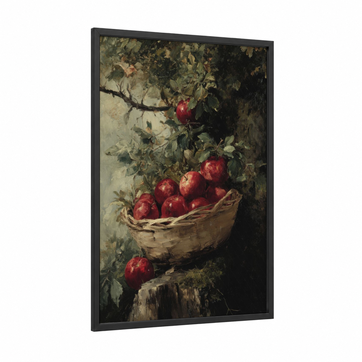 Harvest Apple Basket framed fruit trees print — black wood frame — red and olive palette