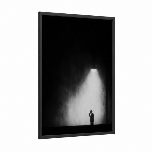 Contemplative Silhouette framed smoke print — black wood frame — black and white palette