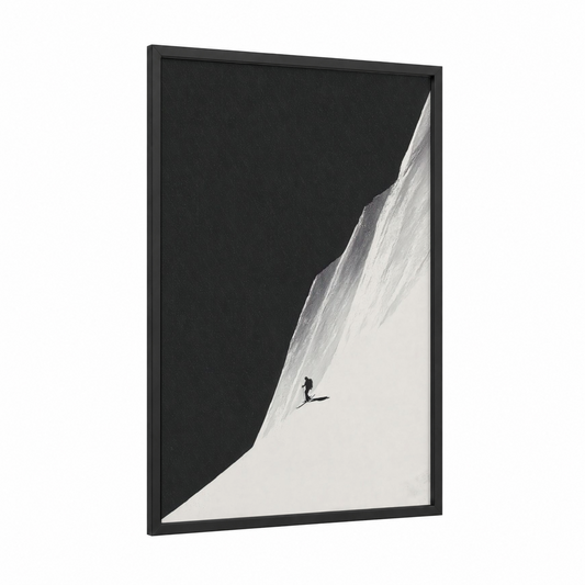 Alpine Descent framed skiing print — black wood frame — black and white palette