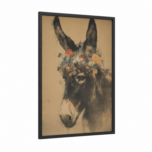 Floral Donkey framed art print — black wood frame — beige and orange palette
