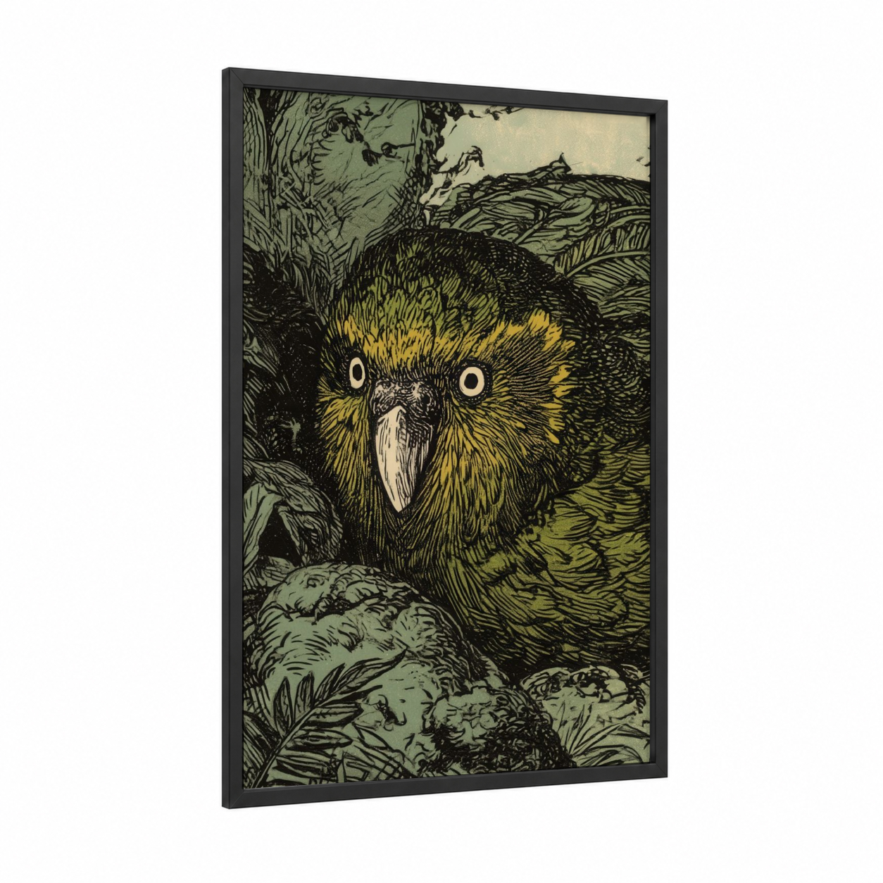 Golden Parrot Portrait framed safari parrots print — black wood frame — gold and black and white palette