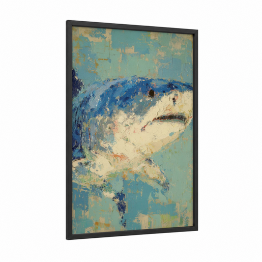 Textured Whale Shark framed art print — black wood frame — teal and cream palette