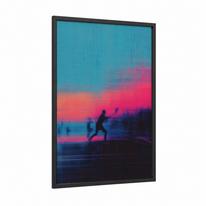 Neon Tennis Player framed art print — black wood frame — blue and magenta palette