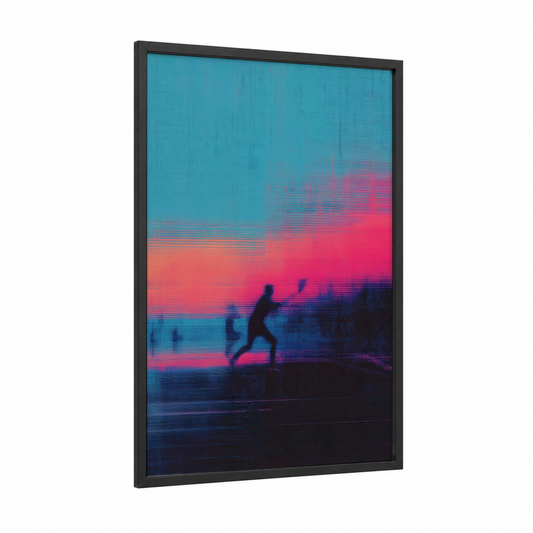 Neon Tennis Player framed art print — black wood frame — blue and magenta palette