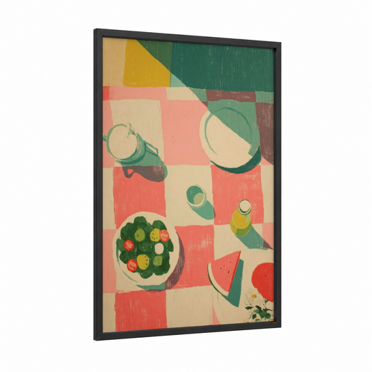 Garden Salad Picnic framed art print — black wood frame — sage green palette