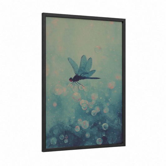 Dreaming Dragonfly framed art print — black wood frame — sage green and blue palette