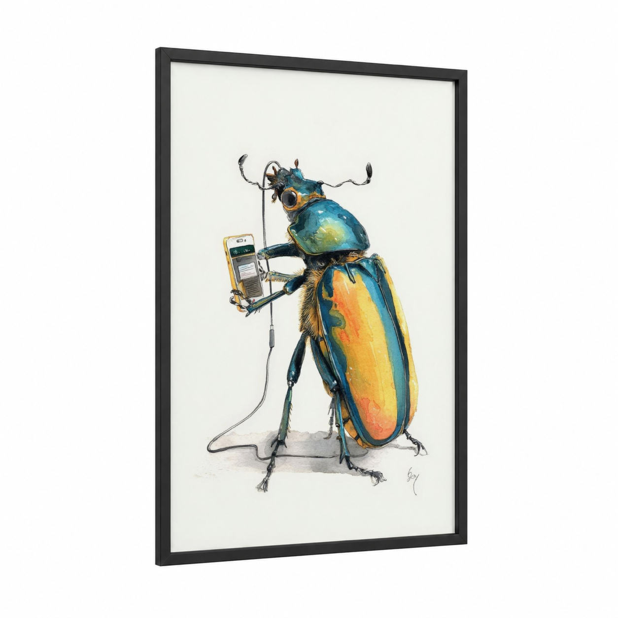 Steampunk Beetle framed art print — black wood frame — blue and gold palette