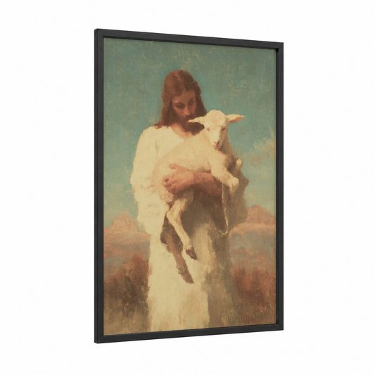 Shepherd Jesus framed jesus christ print — black wood frame — sage green and cream palette