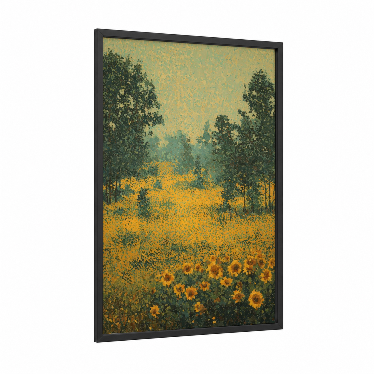 Golden Sunflower Meadow framed art print — black wood frame — yellow gold and true green palette