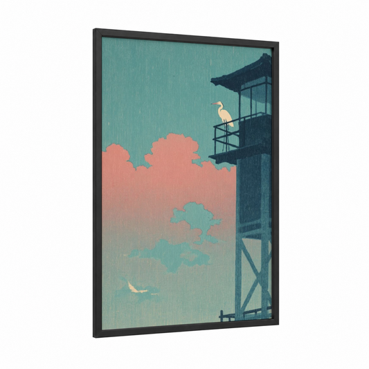 Rainy Lighthouse Vigil framed art print — black wood frame — teal and salmon pink palette