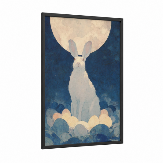 Moonlit Easter Rabbit framed art print — black wood frame — blue and white and cream palette