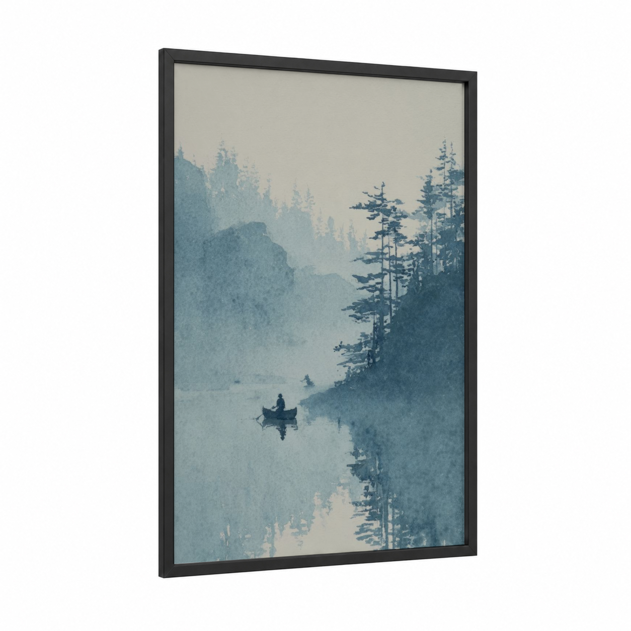 Misty Lake Kayaker framed kayaks and canoes print — black wood frame — blue and cream palette