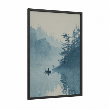 Misty Lake Kayaker framed kayaks and canoes print — black wood frame — blue and cream palette