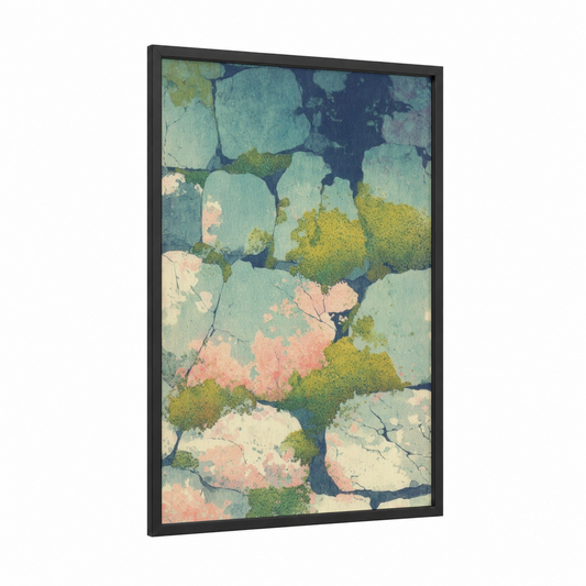Mosaic Garden framed masonry print — black wood frame — light green and salmon pink palette