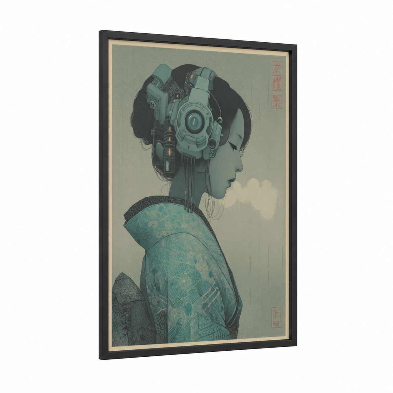 Cyberpunk Geisha framed japanese retrofuturism print — black wood frame — sage green and cream palette