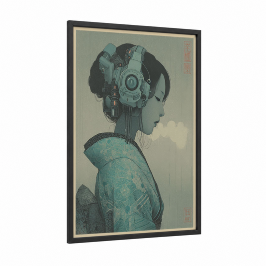 Cyberpunk Geisha framed japanese retrofuturism print — black wood frame — sage green and cream palette