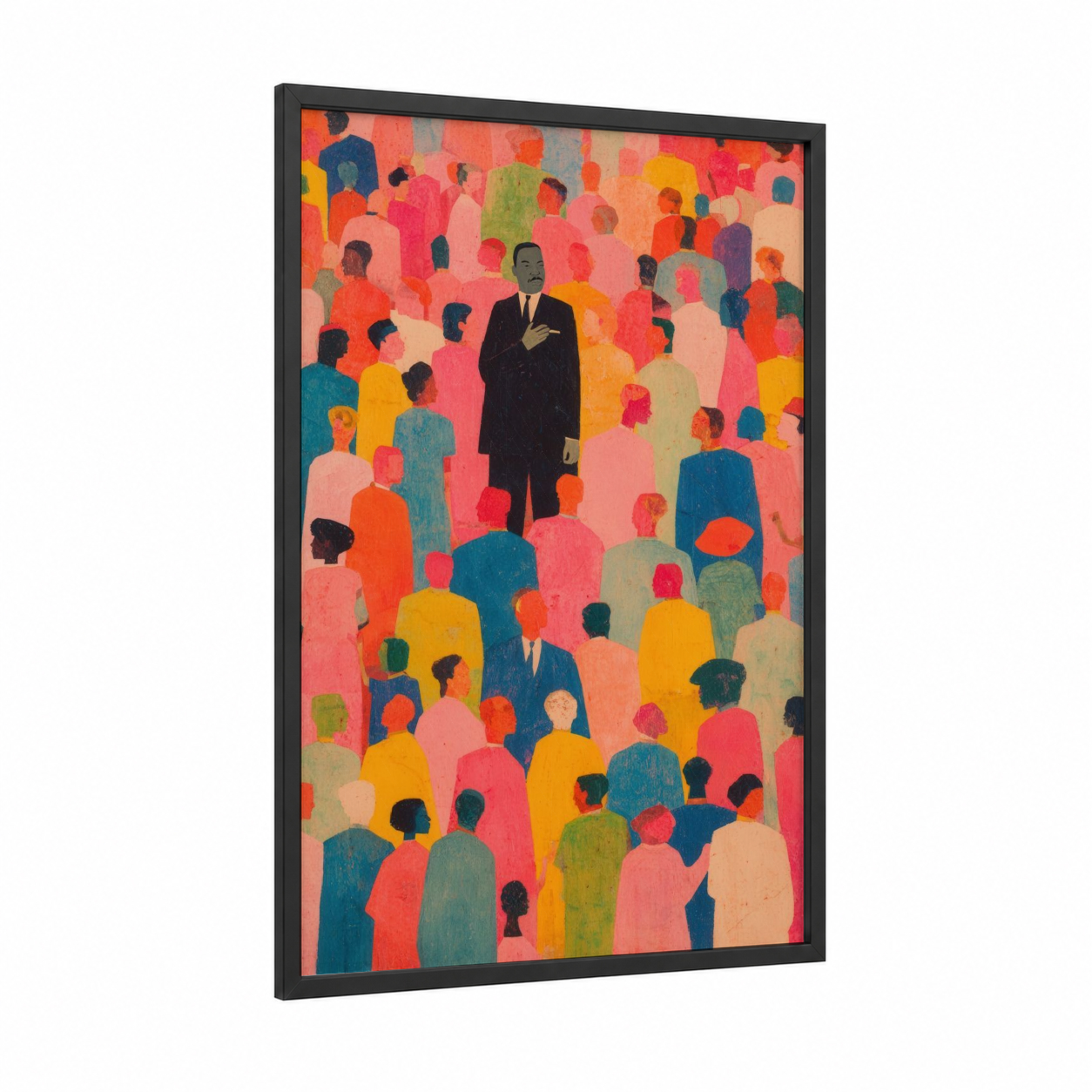 Crowd Unity Leader framed martin luther king jr day print — black wood frame — orange and blue palette