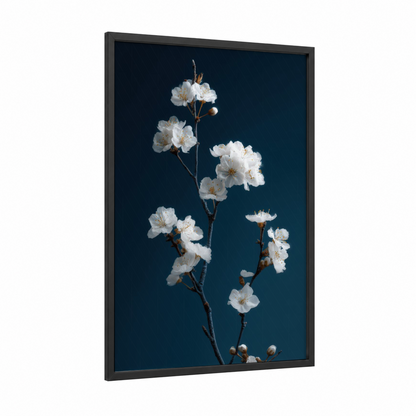 Delicate Cherry Blossoms framed art print — black wood frame — white and dark blue palette