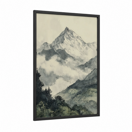 Misty Everest framed mount everest print — black wood frame — black and white and gray palette