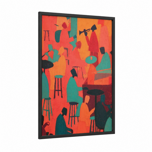 Jazz Club Vibrancy framed blues print — black wood frame — orange and teal palette