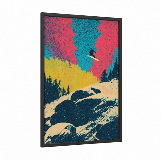 Alpine Snowboarder framed snowboarding print — black wood frame — magenta and turquoise palette
