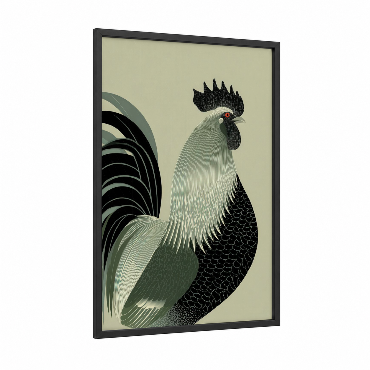 Geometric Rooster framed chicken and roosters print — black wood frame — sage green and black palette
