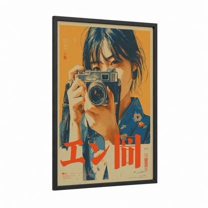 Camera Girl Vintage framed vintage japanese ads print — black wood frame — orange and blue palette