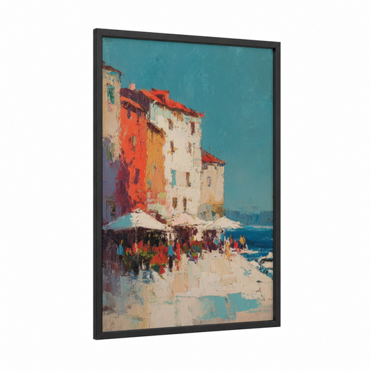 Coastal Harbor Market framed beach town print — black wood frame — teal and orange palette