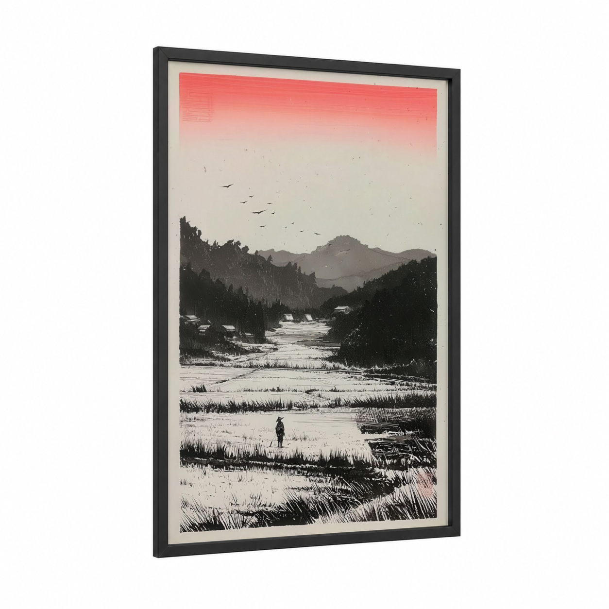 River Valley Solitude framed various landscapes print — black wood frame — black and white and salmon pink palette
