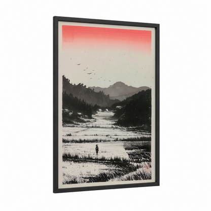 River Valley Solitude framed various landscapes print — black wood frame — black and white and salmon pink palette