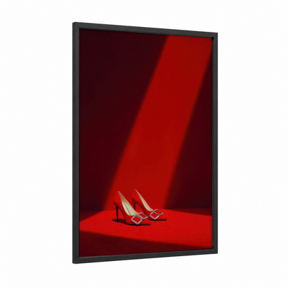 Crimson Heels Spotlight framed accessories print — black wood frame — red and maroon palette