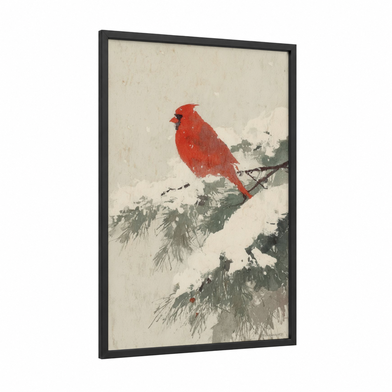 Cardinal Winter framed christmas print — black wood frame — red and cream palette