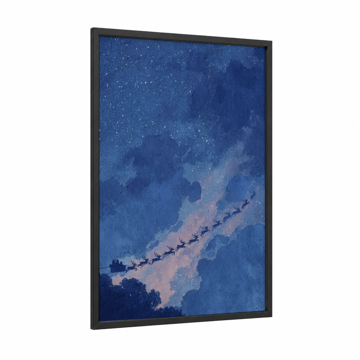 Starlit Christmas Flight framed art print — black wood frame — dark blue and white palette