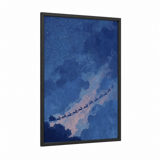 Starlit Christmas Flight framed art print — black wood frame — dark blue and white palette