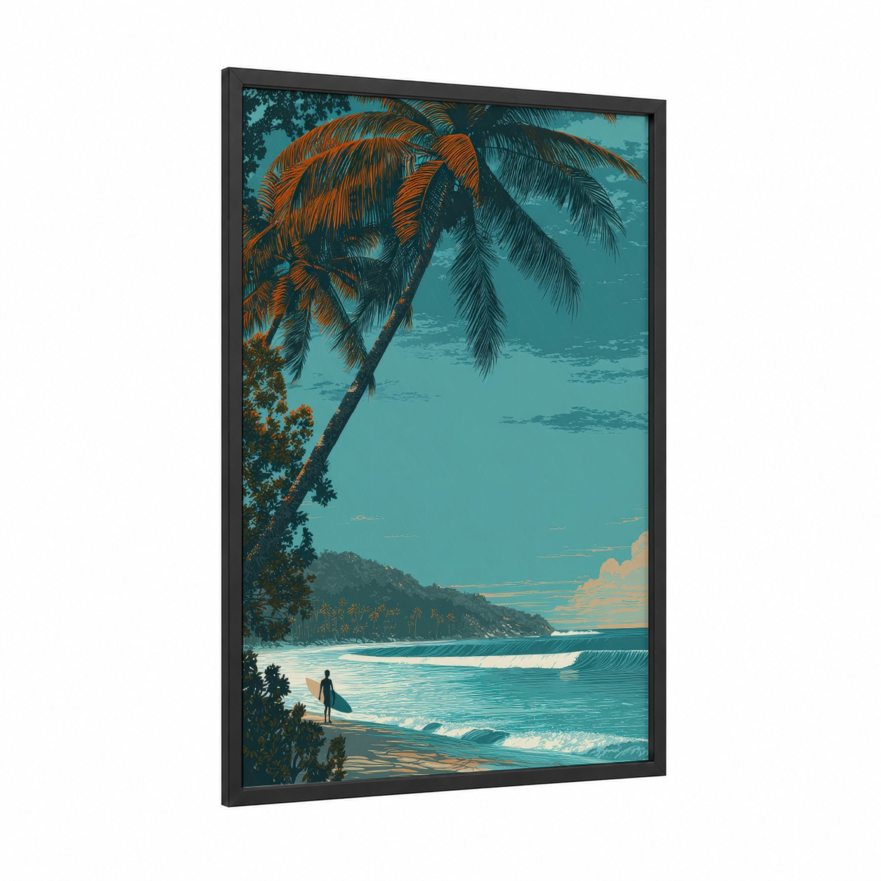 Tropical Surfer Paradise framed sandy beach print — black wood frame — teal and gold palette