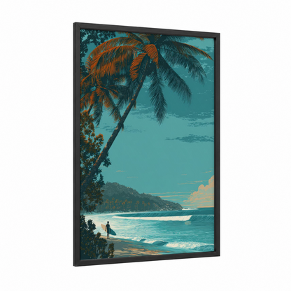 Tropical Surfer Paradise framed sandy beach print — black wood frame — teal and gold palette